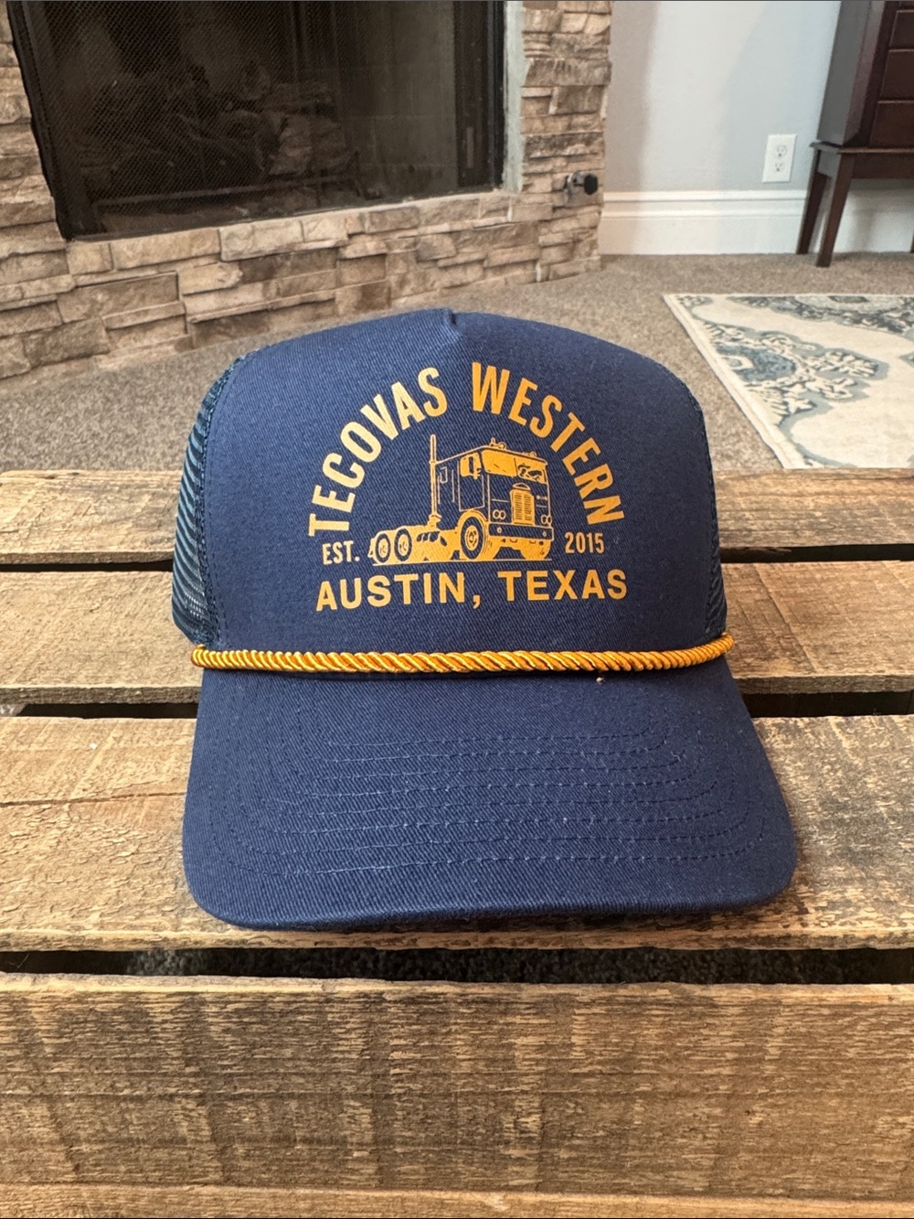 Tecovas Truck Five Panel Navy Trucker Hat with Yellow Logo and Rope Snap Back